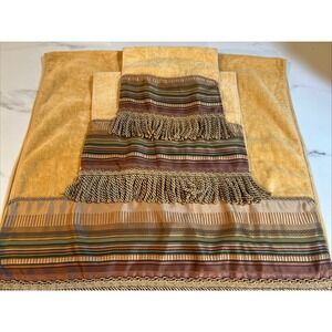 Vintage Croscill Carrington Aqua Cotton‎ Gold Fringe Trimmed Bath Towel Set Of 3